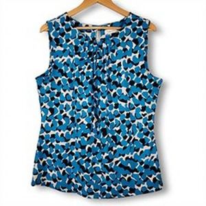 Calvin Klein Sleeveless Abstract Print Pleat Neck Top Blue Black Size Large